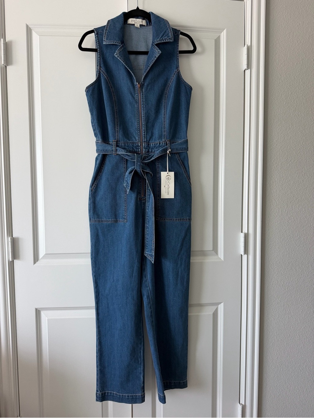 Cato Limited Edition Denim Zip Front Sleeveless Jumpsuit 10 Belted Wide Leg NWT